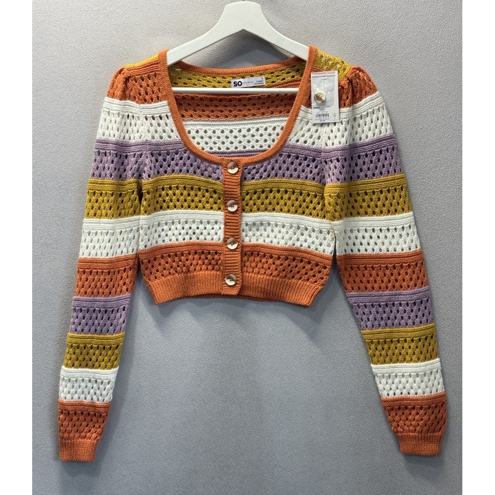 SO Women's Sz S Burn Orange Ivory Mustard Retro Stripe Crochet Cardigan Sweater